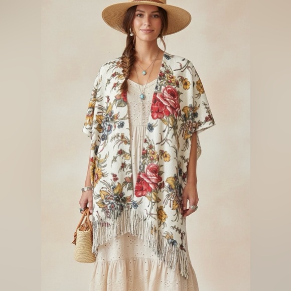 Anthropologie Sweaters - EUC Anthropologie Marseille Floral Fringed Kimono Poncho Shawl O/S Boho Western